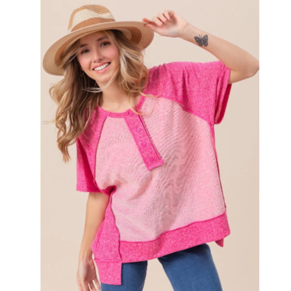 BiBi Pink Two-Tone Short Sleeve Knit Top